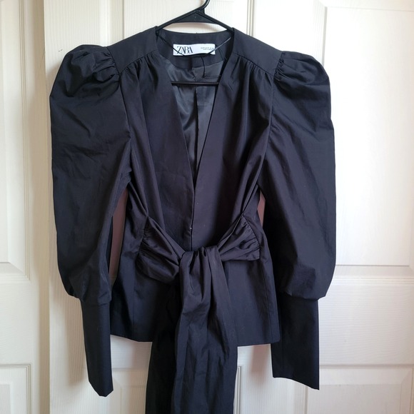 NWOT Zara Black Cotton Poplin Puff Sleeve Self-Tie Bow V-Neck Top Jacket Medium - Picture 5 of 14